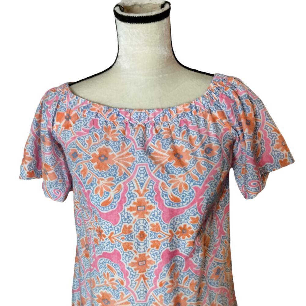 J McLaughlin Sz S Marina Off Shoulder Silk Blend Dress Pink Orange Cap Sleeve - Picture 2 of 8